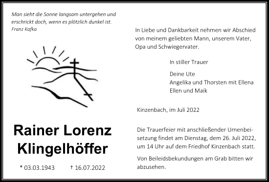 Traueranzeige von Rainer Lorenz Klingelhöffer von Giessener Allgemeine, Alsfelder Allgemeine, Giessener Anzeiger