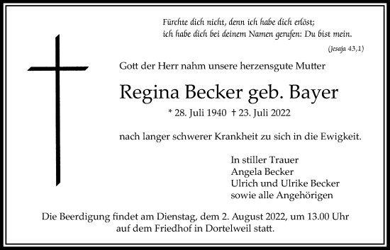 Traueranzeige von Regina Becker von Bad Vilbel/Karben