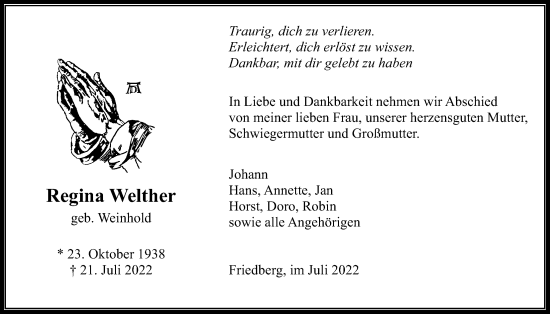 Traueranzeige von Regina Welther von Wetterauer Zeitung