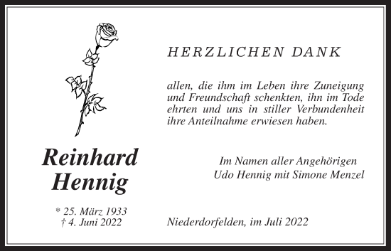 Traueranzeige von Reinhard Hennig von Bad Vilbel/Karben