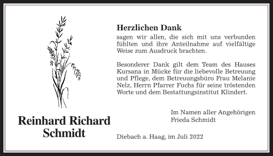 Traueranzeige von Reinhard Richard Schmidt von Kreis-Anzeiger