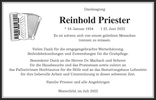 Traueranzeige von Reinhold Priester von Usinger Anzeiger