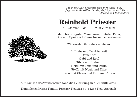 Traueranzeige von Reinhold Priester von Usinger Anzeiger