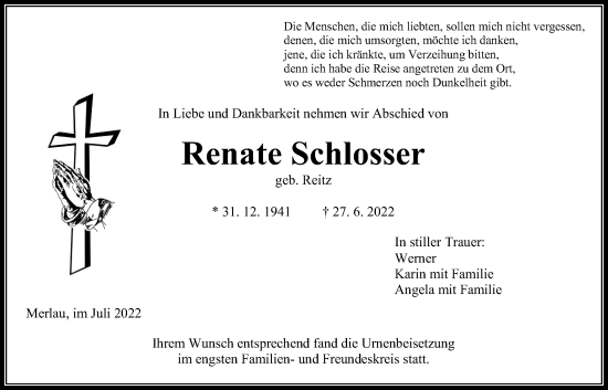 Traueranzeige von Renate Schlosser von Alsfelder Allgemeine