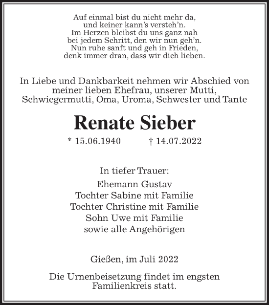 Traueranzeige von Renate Sieber von Giessener Allgemeine, Alsfelder Allgemeine
