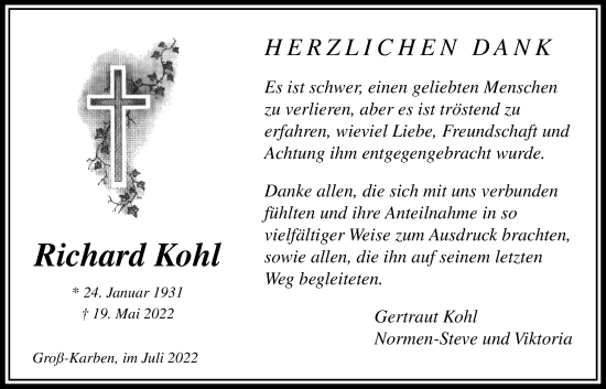 Traueranzeige von Richard Kohl von Bad Vilbel/Karben
