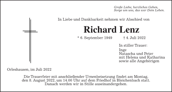 Traueranzeige von Richard Lenz von Kreis-Anzeiger