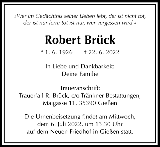 Traueranzeige von Robert Brück von Giessener Anzeiger, Giessener Allgemeine, Alsfelder Allgemeine