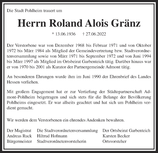 Traueranzeige von Roland Alois Gränz von Pohlheimer Nachrichten