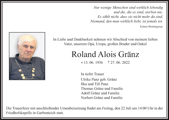 Traueranzeige von Roland Alois Gränz von Giessener Anzeiger, Giessener Allgemeine, Alsfelder Allgemeine, Pohlheimer Nachrichten