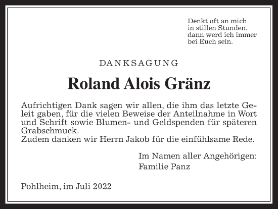Traueranzeige von Roland Alois Gränz von Giessener Allgemeine, Alsfelder Allgemeine