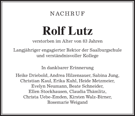 Traueranzeige von Rolf Lutz von Wetterauer Zeitung