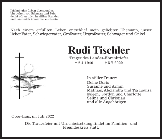 Traueranzeige von Rudi Tischler von Kreis-Anzeiger