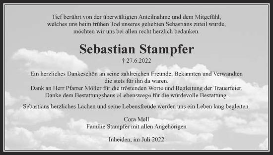Traueranzeige von Sebastian Stampfer von Licher Wochenblatt
