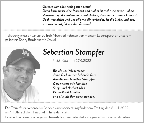 Traueranzeige von Sebastian Stampfer von Licher Wochenblatt