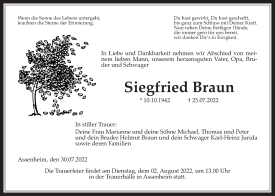 Traueranzeige von Siegfried Braun von Wetterauer Zeitung