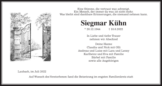 Traueranzeige von Siegmar Kühn von Giessener Allgemeine, Alsfelder Allgemeine
