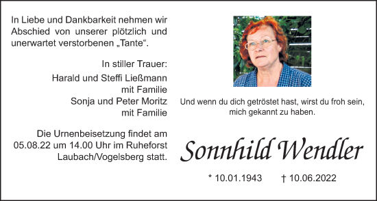 Traueranzeige von Sonnhild Wendler von Laubacher Anzeiger