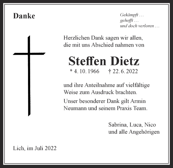 Traueranzeige von Steffen Dietz von Licher Wochenblatt