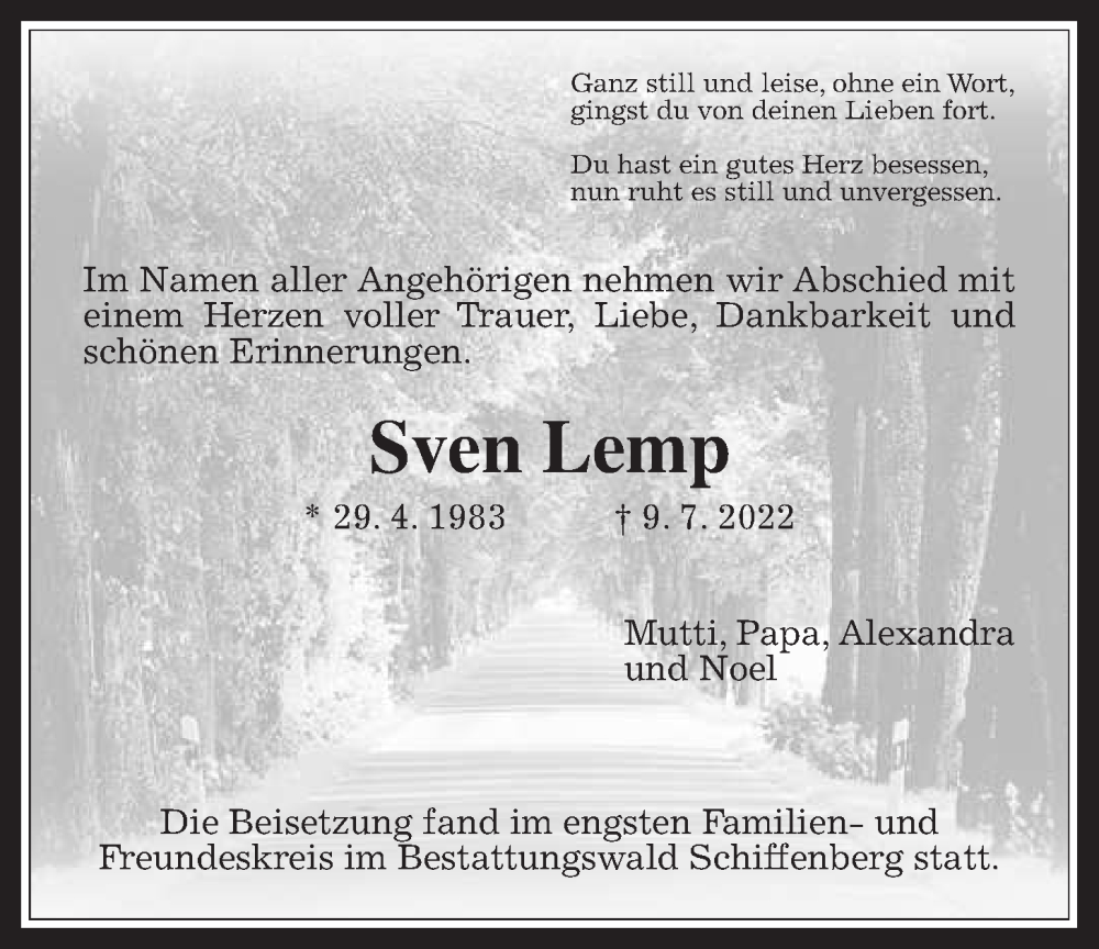  Traueranzeige für Sven Lemp vom 30.07.2022 aus Giessener Allgemeine, Alsfelder Allgemeine