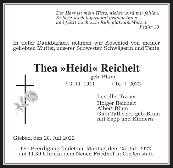 Traueranzeige von Thea Reichelt von Giessener Anzeiger