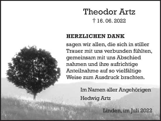 Traueranzeige von Theodor Artz von Giessener Allgemeine, Alsfelder Allgemeine