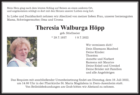 Traueranzeige von Theresia Walburga Höpp von Wetterauer Zeitung