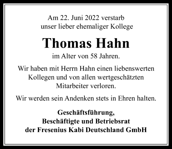 Traueranzeige von Thomas Hahn von Wetterauer Zeitung