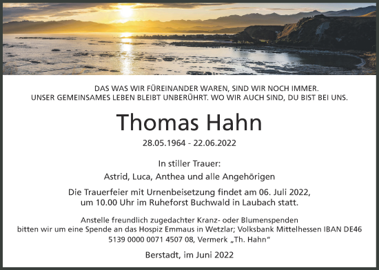 Traueranzeige von Thomas Hahn von Wetterauer Zeitung