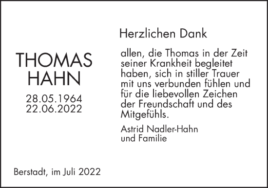 Traueranzeige von Thomas Hahn von Wetterauer Zeitung