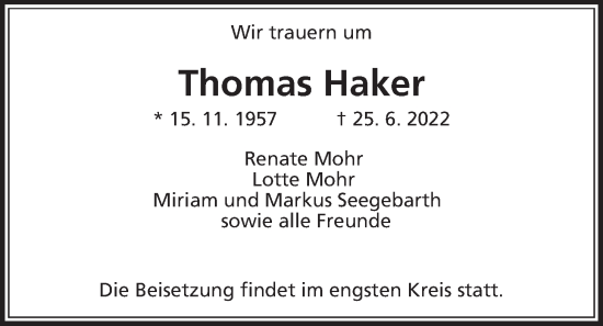 Traueranzeige von Thomas Haker von Usinger Anzeiger