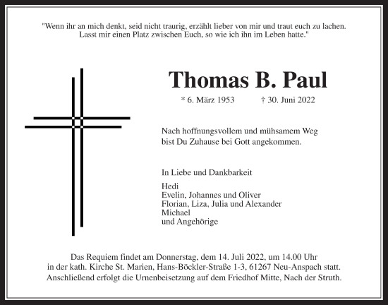 Traueranzeige von Thomas B. Paul von Usinger Anzeiger