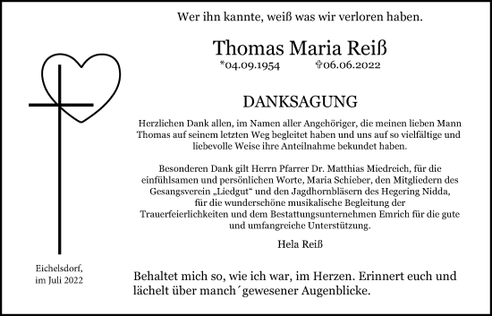 Traueranzeige von Thomas Maria Reiß von Kreis-Anzeiger