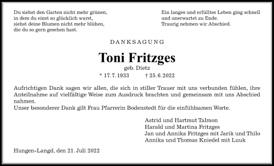 Traueranzeige von Toni Fritzges von Licher Wochenblatt