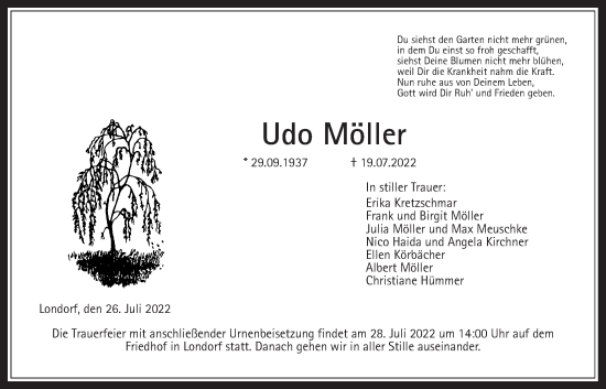 Traueranzeige von Udo Möller von Giessener Allgemeine, Alsfelder Allgemeine