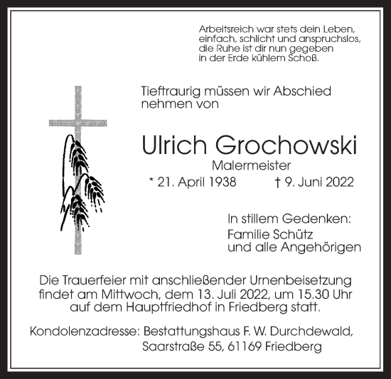 Traueranzeige von Ulrich Grochowski von Wetterauer Zeitung