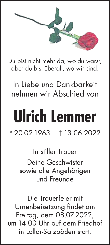 Traueranzeige von Ulrich Lemmer von Giessener Anzeiger, Giessener Allgemeine, Alsfelder Allgemeine