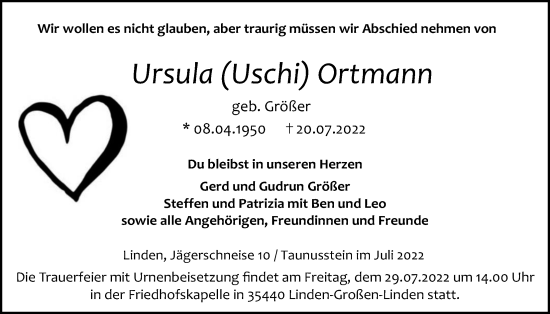 Traueranzeige von Ursula Ortmann von Giessener Allgemeine, Alsfelder Allgemeine, Giessener Anzeiger