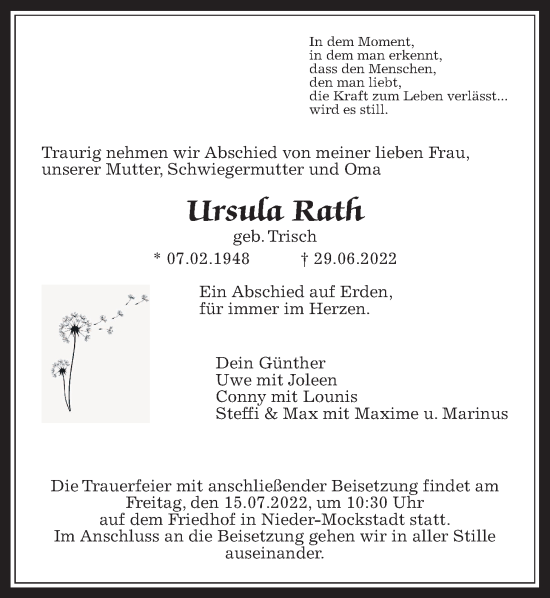 Traueranzeige von Ursula Rath von Wetterauer Zeitung