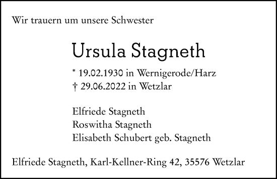 Traueranzeige von Ursula Stagneth von Giessener Anzeiger