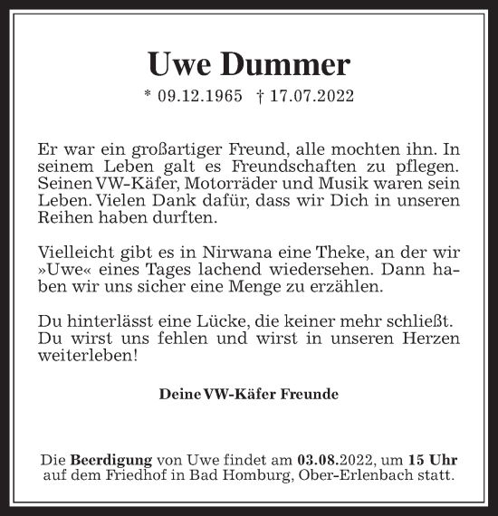 Traueranzeige von Uwe Dummer von Wetterauer Zeitung