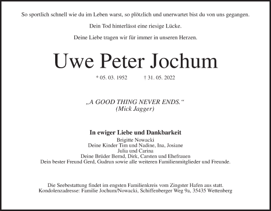 Traueranzeige von Uwe Peter Jochum von Giessener Anzeiger, Giessener Allgemeine, Alsfelder Allgemeine