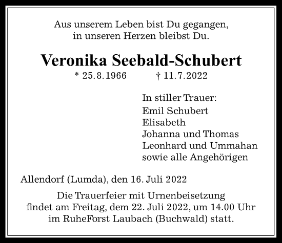 Traueranzeige von Veronika Seebald-Schubert von Giessener Anzeiger, Giessener Allgemeine, Alsfelder Allgemeine