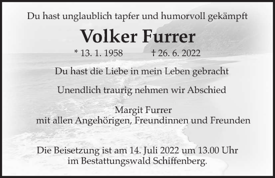 Traueranzeige von Volker Furrer von Giessener Allgemeine, Alsfelder Allgemeine