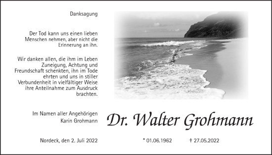 Traueranzeige von Walter Grohmann von Giessener Allgemeine, Alsfelder Allgemeine