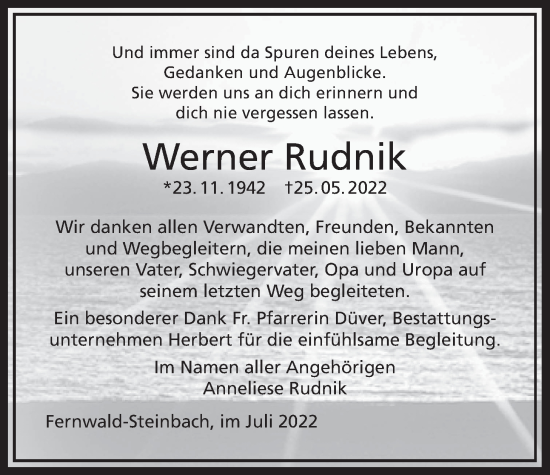 Traueranzeige von Werner Rudnik von Giessener Allgemeine, Alsfelder Allgemeine, Giessener Anzeiger