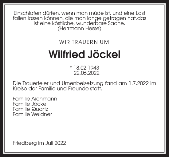 Traueranzeige von Wilfried Jöckel von Wetterauer Zeitung