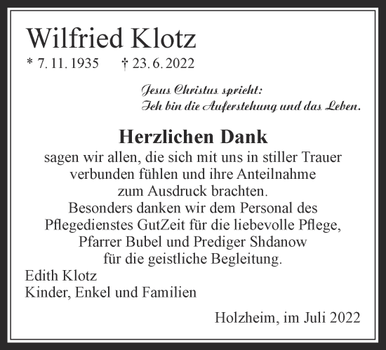 Traueranzeige von Wilfried Klotz von Pohlheimer Nachrichten