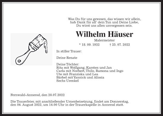 Traueranzeige von Wilhelm Häuser von Giessener Allgemeine, Alsfelder Allgemeine, Giessener Anzeiger