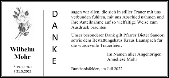 Traueranzeige von Wilhelm Mohr von Giessener Allgemeine, Alsfelder Allgemeine, Giessener Anzeiger